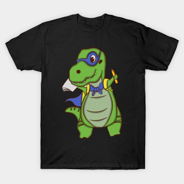 cartoon illustration design dinosaur carrying a pencil book bag wearing a superhero mask and wings T-Shirt by sufian